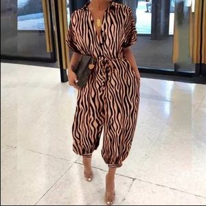 Coffee Zebra Sexy Polka Dot Lace Up Jumpsuite